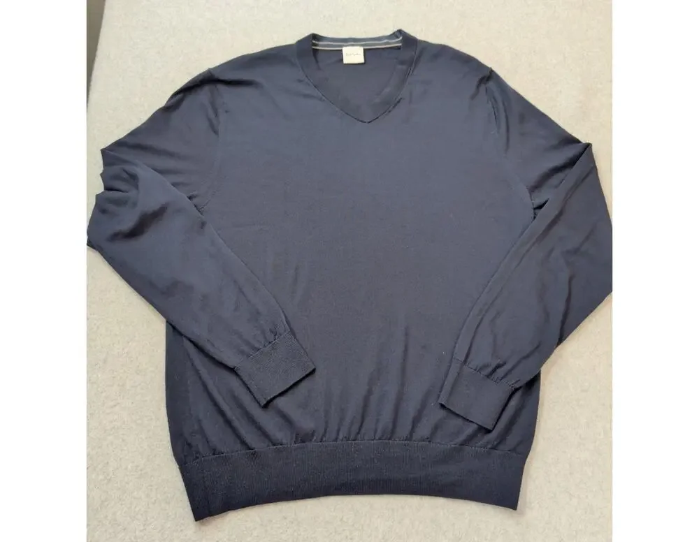 Paul Smith Mens 100% Merino Wool Sweater Blue Large V Neck Lightweight Pullover